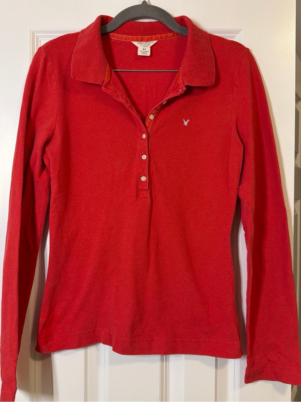 American Eagle Outfitters Women's Red Long-Sleeve Polo Shirt